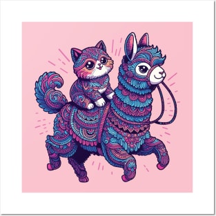 Cute cat riding alpaca Posters and Art